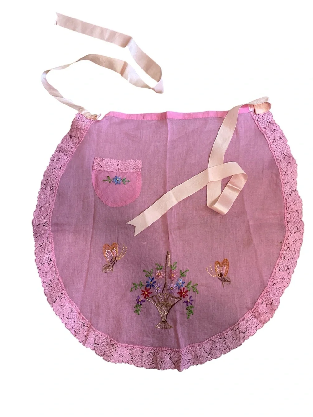 Vintage Sheer Pink Embroidered Half Apron with Lace Trim and Pink Satin Ties